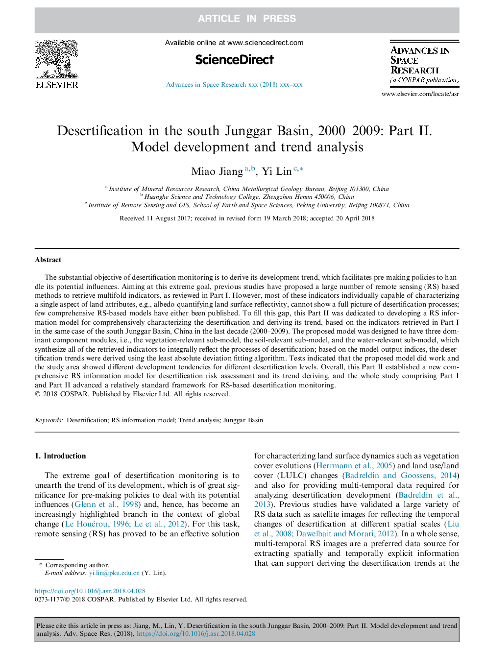 Desertification in the south Junggar Basin, 2000-2009: Part II. Model development and trend analysis