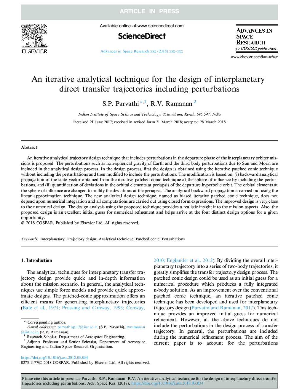 An iterative analytical technique for the design of interplanetary direct transfer trajectories including perturbations