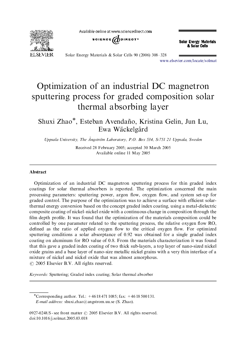 Optimization of an industrial DC magnetron sputtering process for graded composition solar thermal absorbing layer