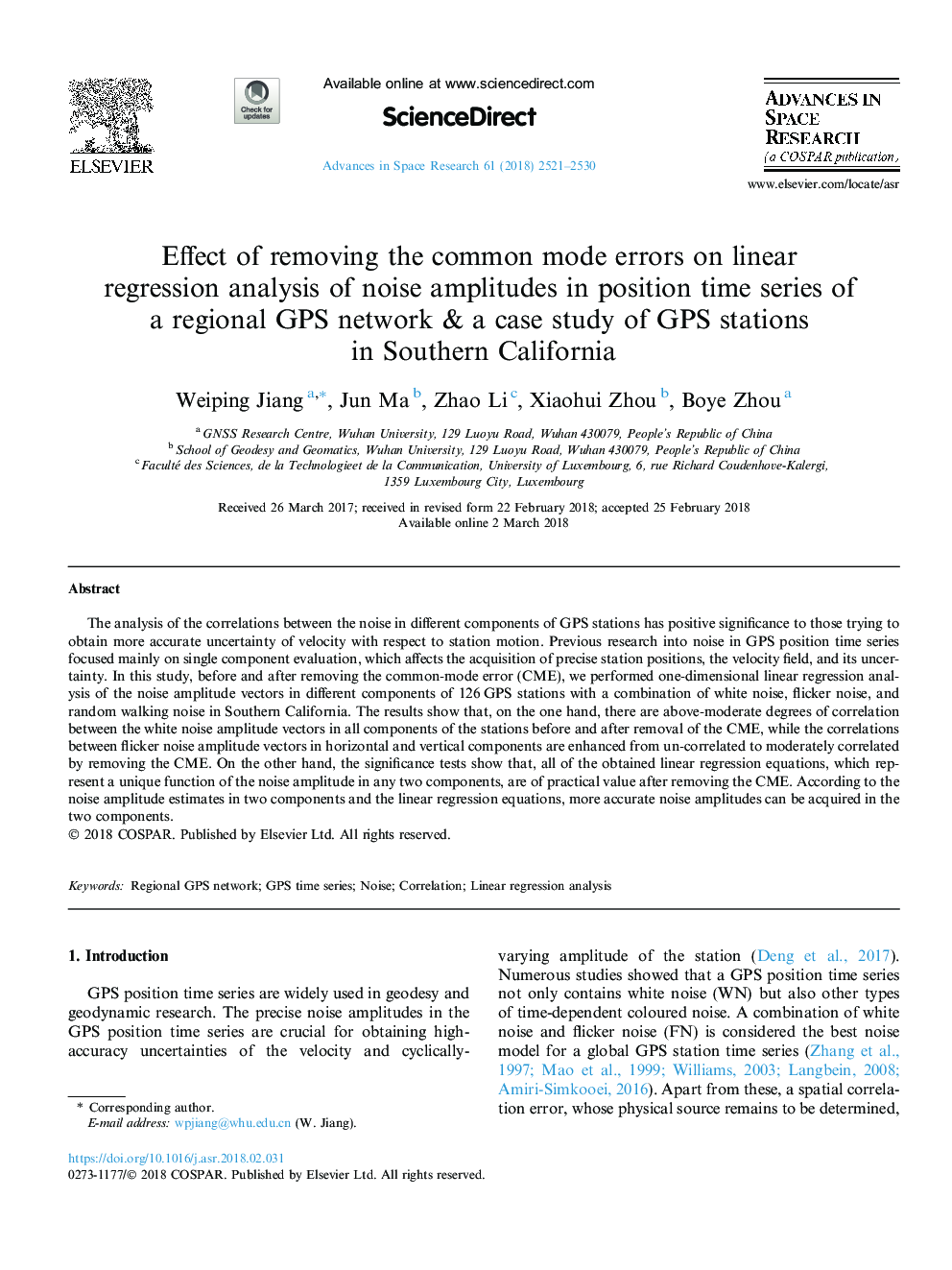 Effect of removing the common mode errors on linear regression analysis of noise amplitudes in position time series of a regional GPS network & a case study of GPS stations in Southern California