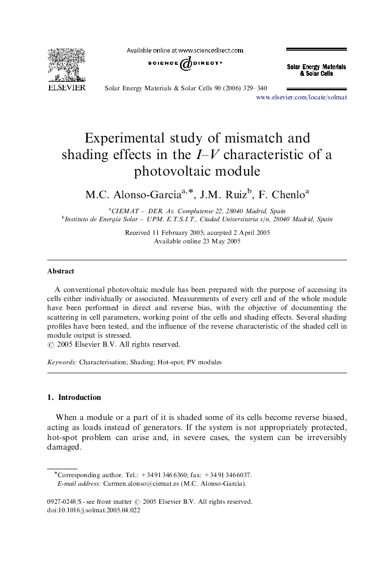 Experimental study of mismatch and shading effects in the I–V characteristic of a photovoltaic module