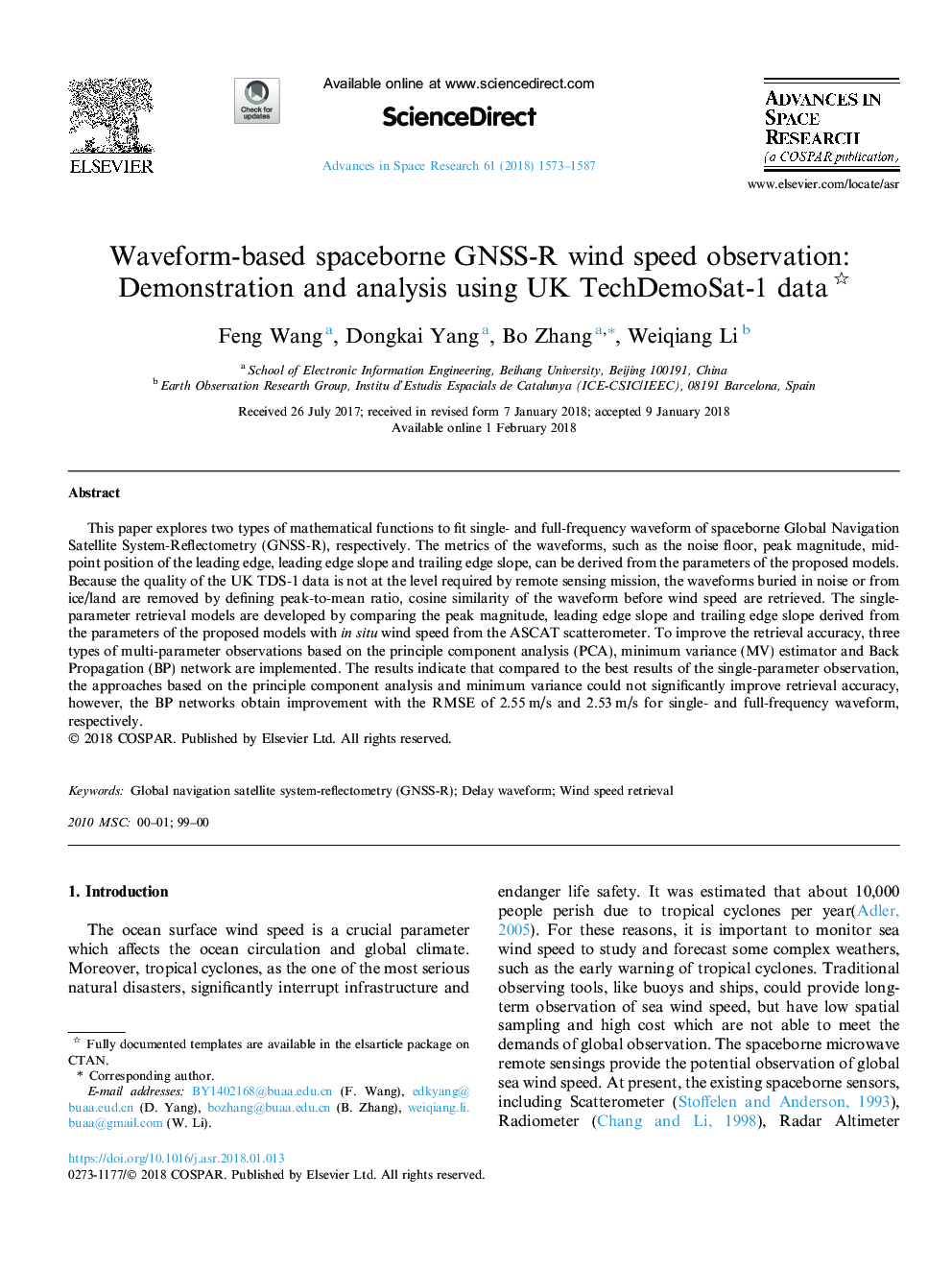 Waveform-based spaceborne GNSS-R wind speed observation: Demonstration and analysis using UK TechDemoSat-1 data