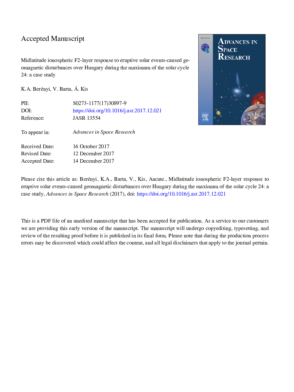 Midlatitude ionospheric F2-layer response to eruptive solar events-caused geomagnetic disturbances over Hungary during the maximum of the solar cycle 24: A case study