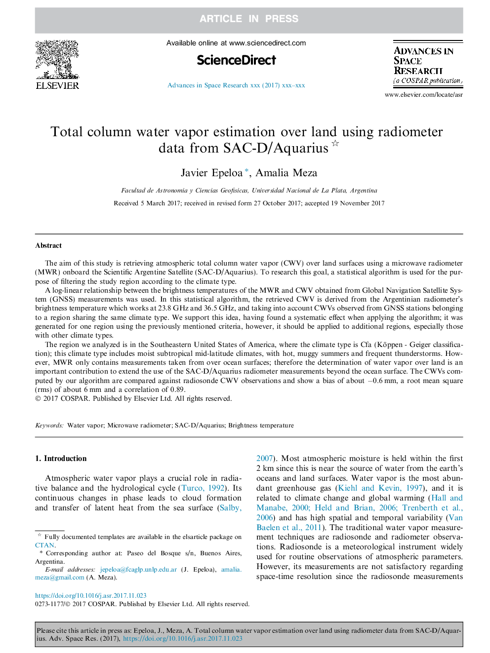 Total column water vapor estimation over land using radiometer data from SAC-D/Aquarius