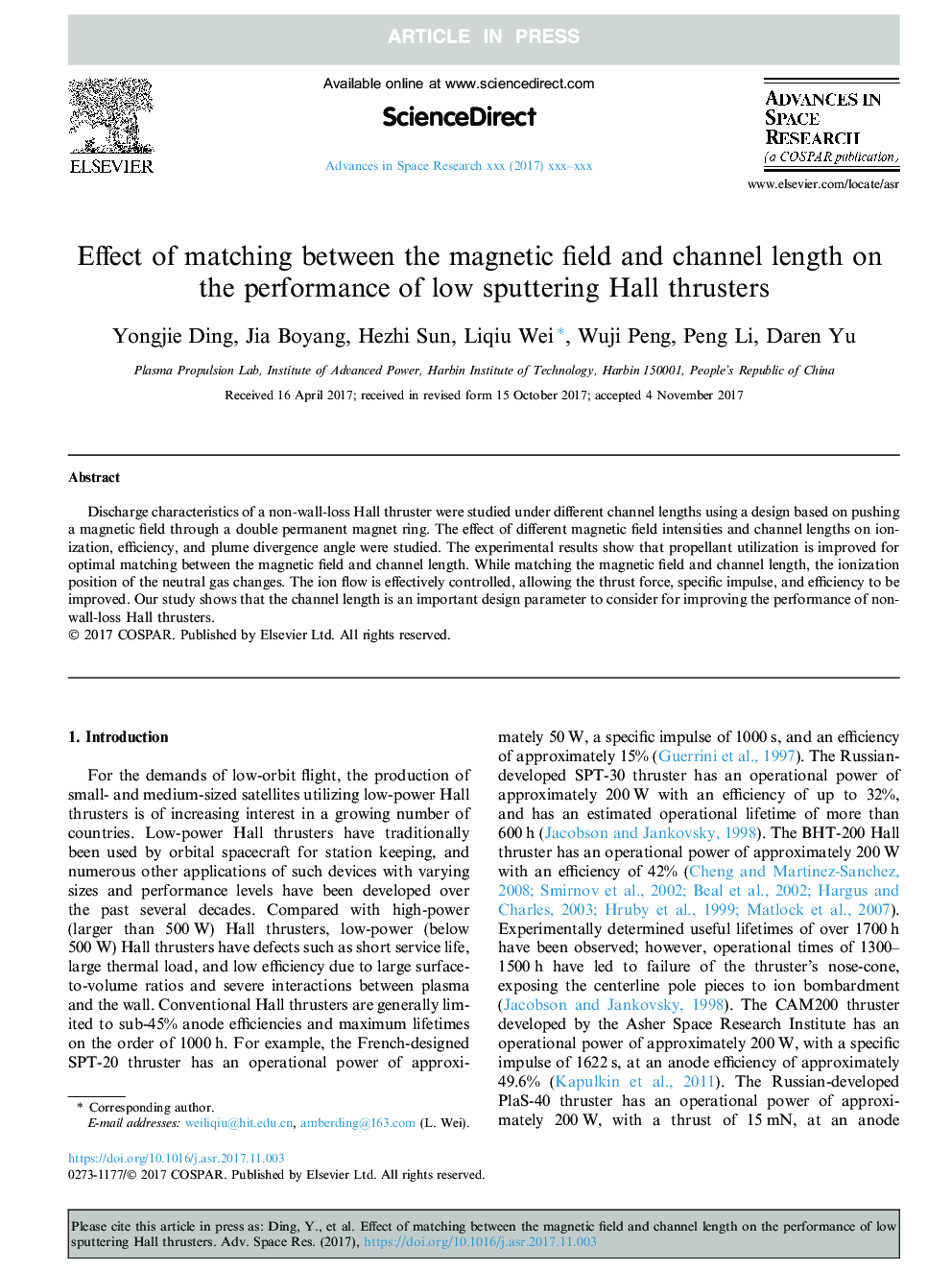 Effect of matching between the magnetic field and channel length on the performance of low sputtering Hall thrusters