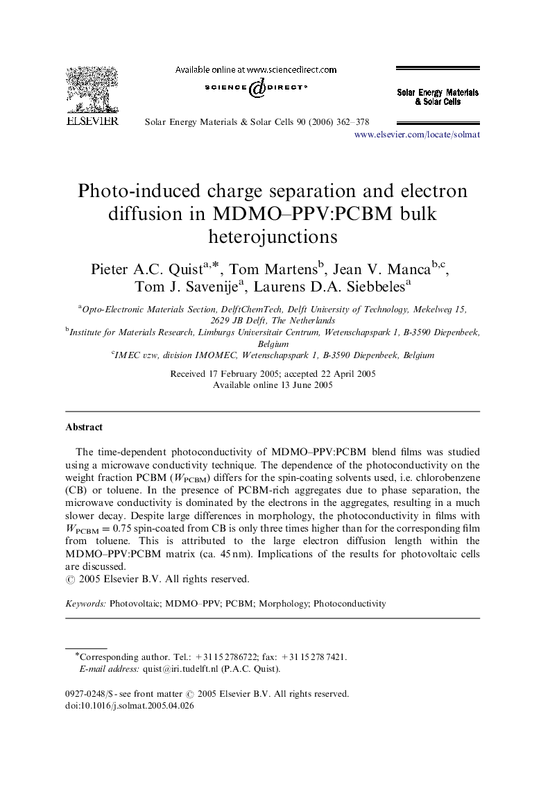 Photo-induced charge separation and electron diffusion in MDMO–PPV:PCBM bulk heterojunctions