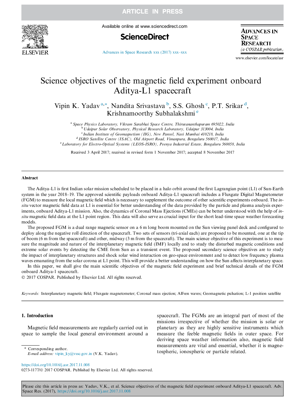 Science objectives of the magnetic field experiment onboard Aditya-L1 spacecraft