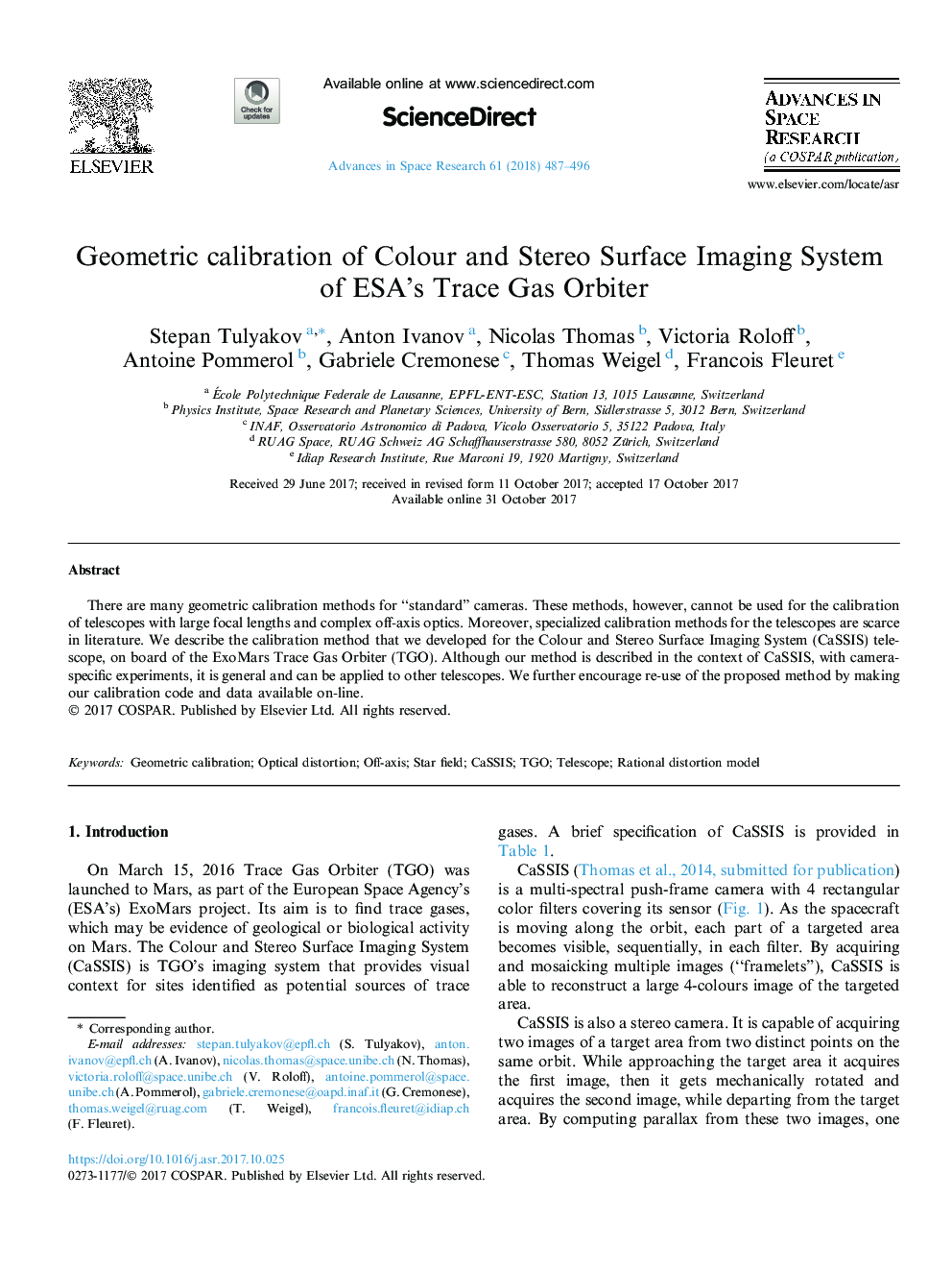 Geometric calibration of Colour and Stereo Surface Imaging System of ESA's Trace Gas Orbiter