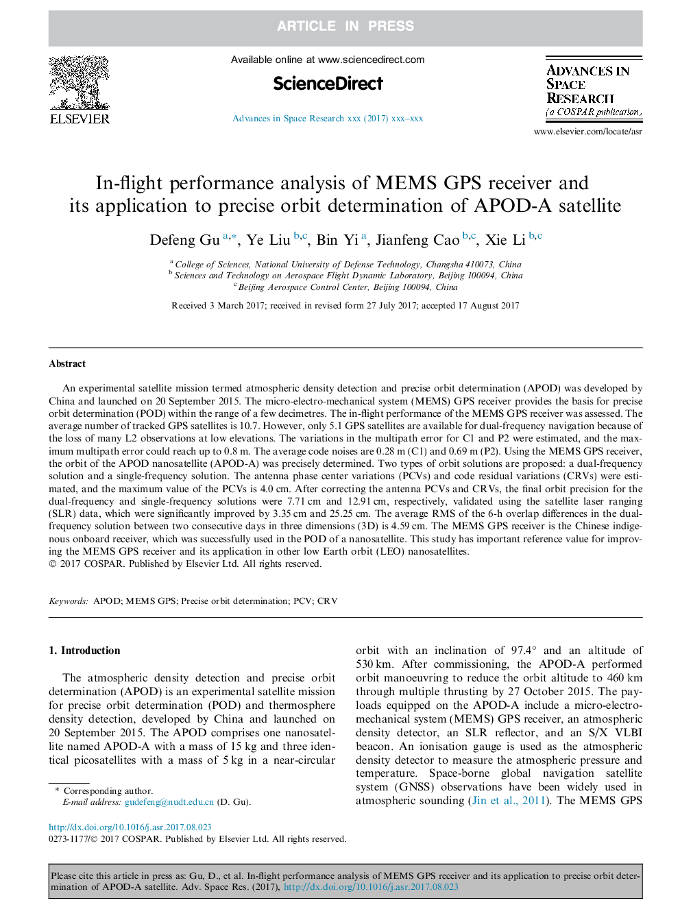 In-flight performance analysis of MEMS GPS receiver and its application to precise orbit determination of APOD-A satellite