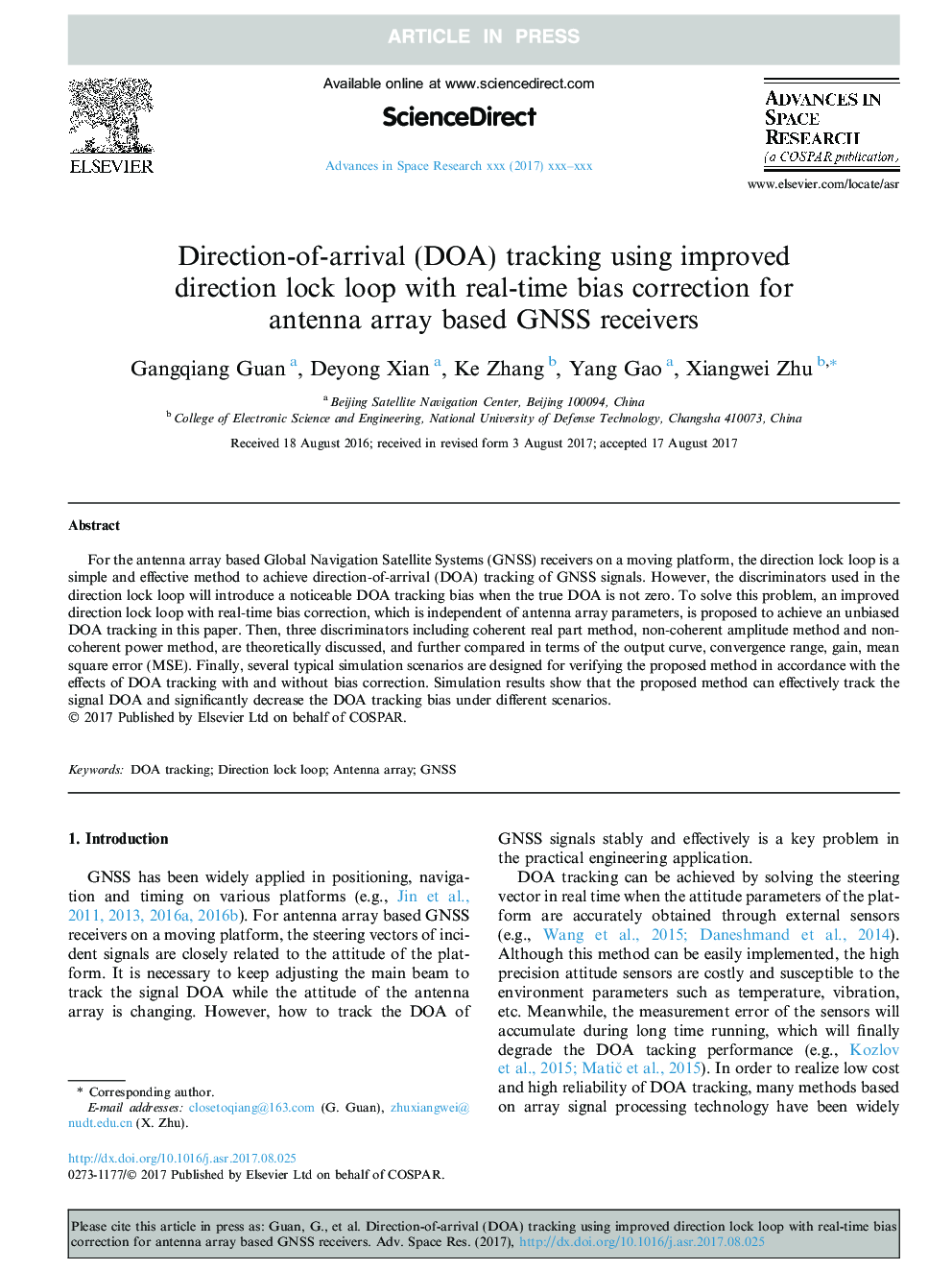 Direction-of-arrival (DOA) tracking using improved direction lock loop with real-time bias correction for antenna array based GNSS receivers