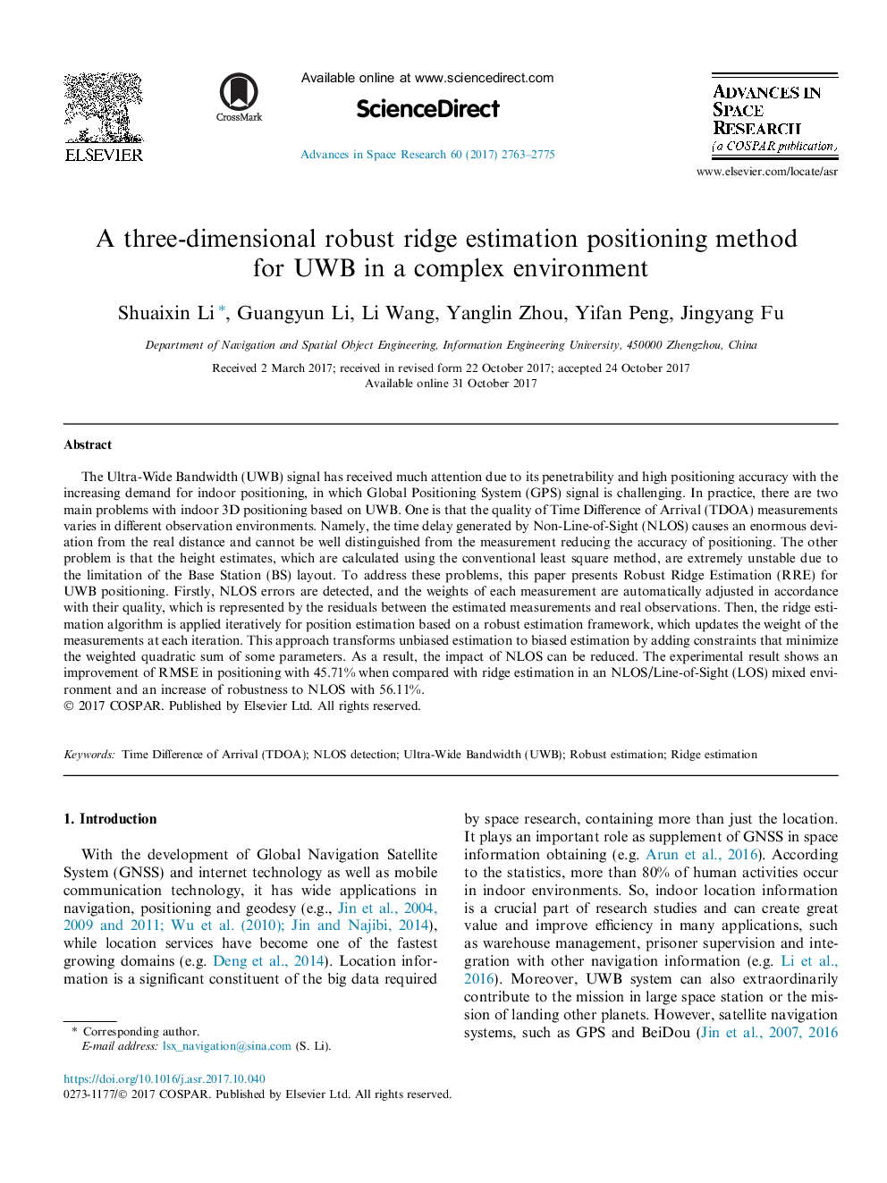 A three-dimensional robust ridge estimation positioning method for UWB in a complex environment