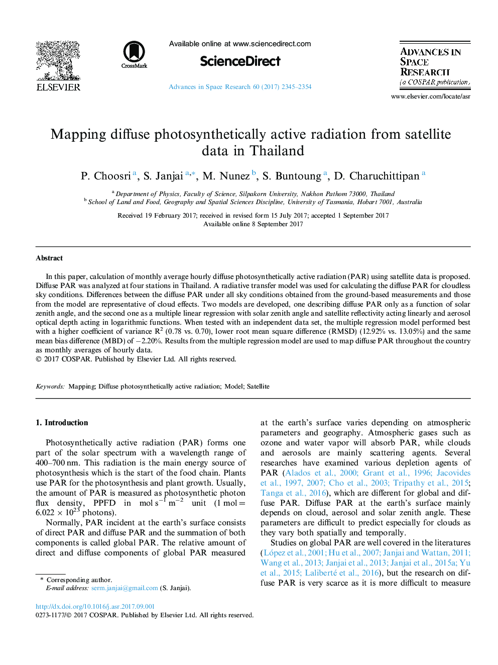 Mapping diffuse photosynthetically active radiation from satellite data in Thailand