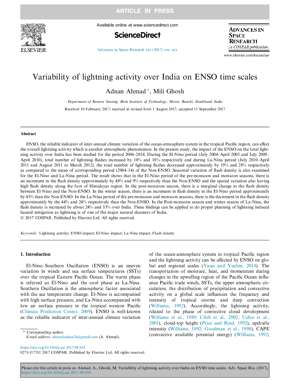 Variability of lightning activity over India on ENSO time scales