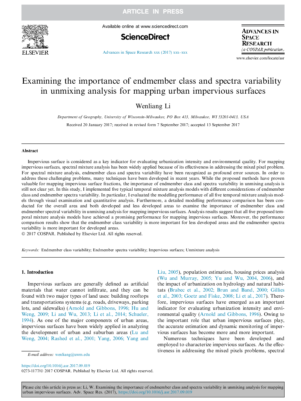 Examining the importance of endmember class and spectra variability in unmixing analysis for mapping urban impervious surfaces