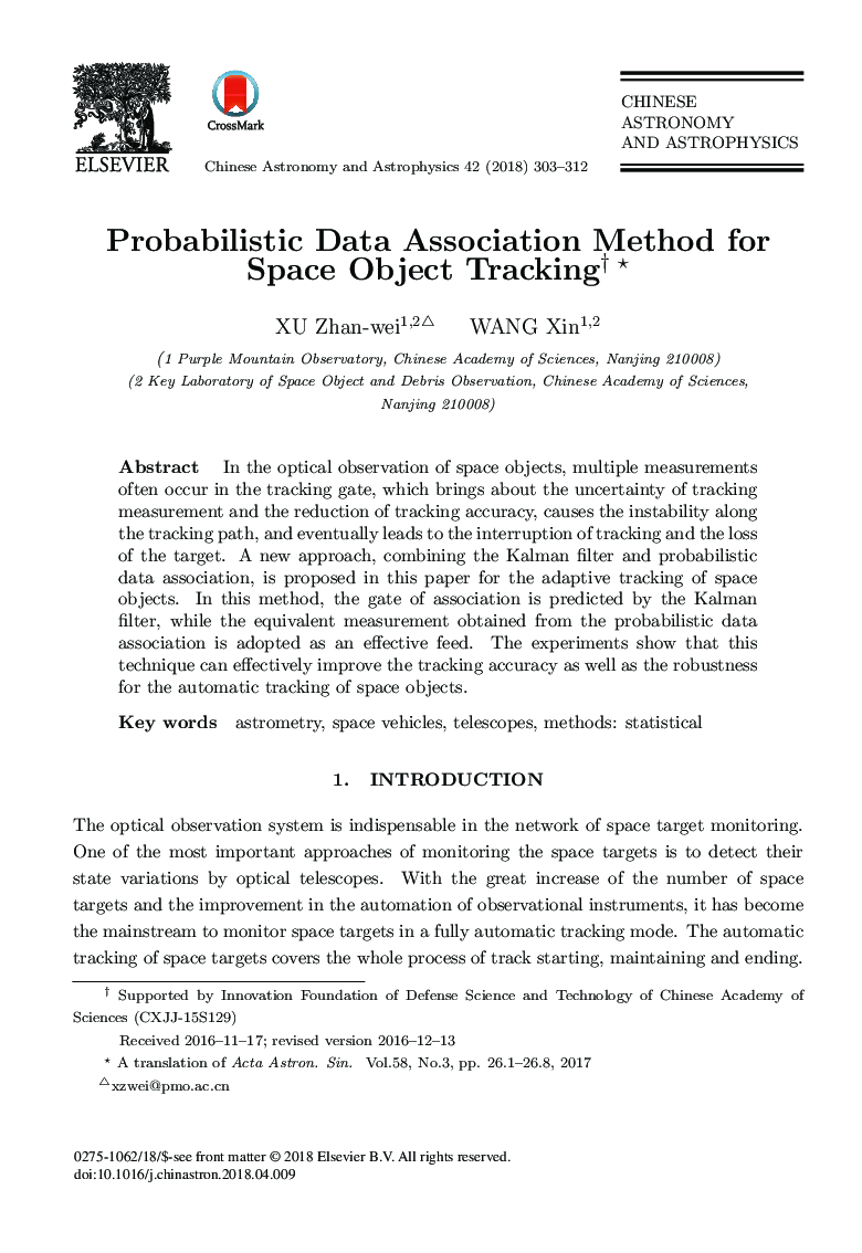 Probabilistic Data Association Method for Space Object Tracking