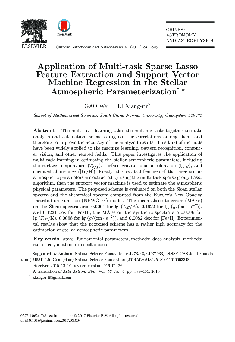 Application of Multi-task Sparse Lasso Feature Extraction and Support Vector Machine Regression in the Stellar Atmospheric Parameterization