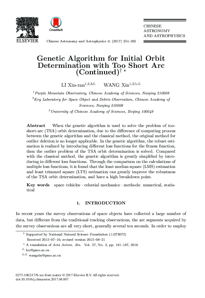 Genetic Algorithm for Initial Orbit Determination with Too Short Arc (Continued)
