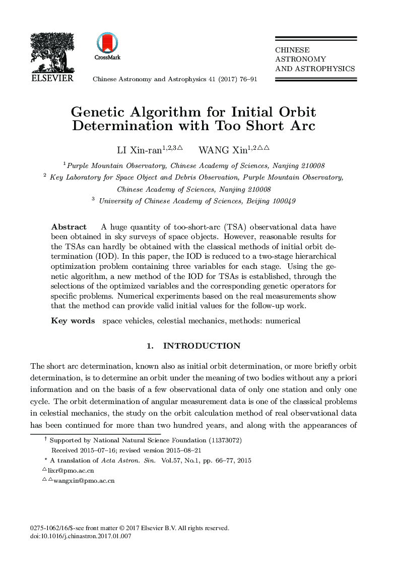 Genetic Algorithm for Initial Orbit Determination with Too Short Arc