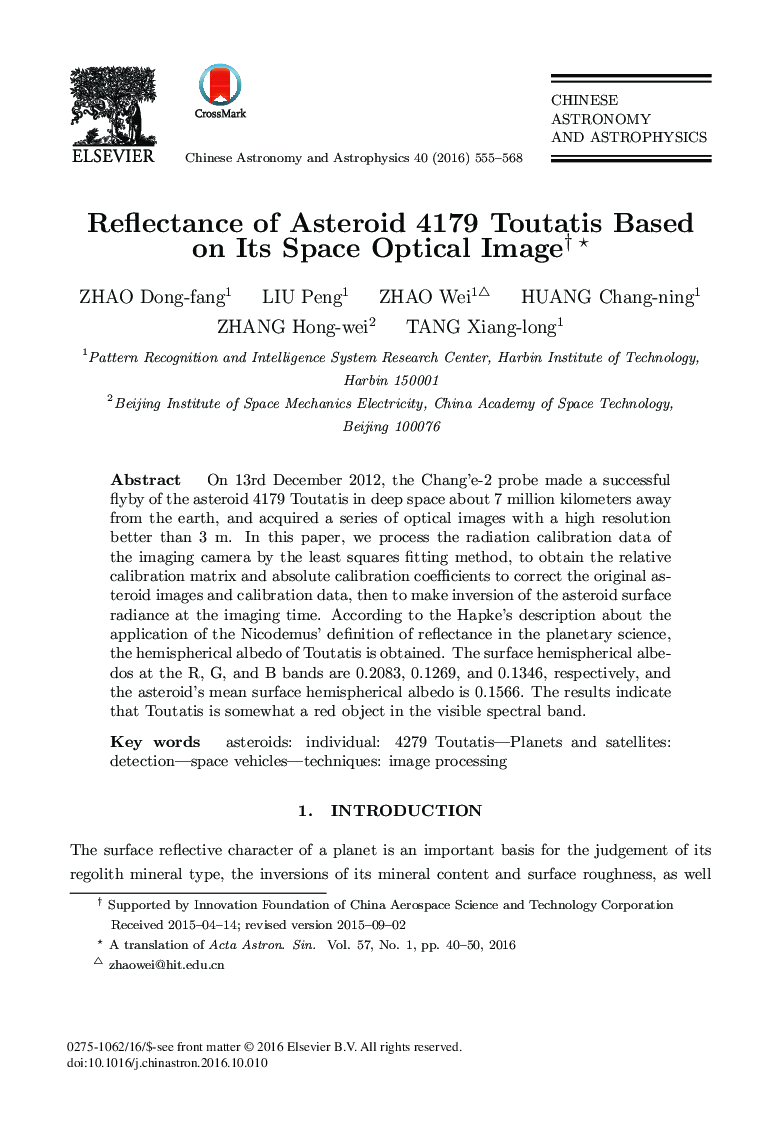 Reflectance of Asteroid 4179 Toutatis Based on Its Space Optical Image