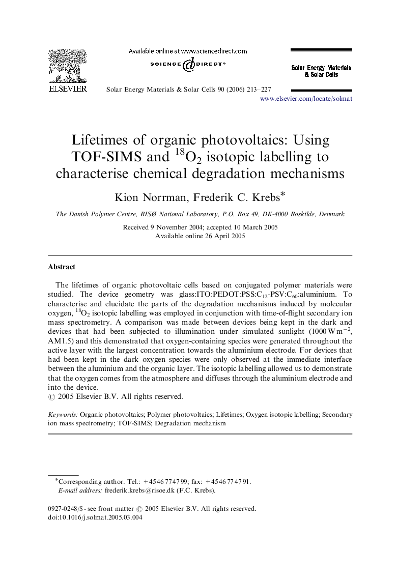 Lifetimes of organic photovoltaics: Using TOF-SIMS and 18O2 isotopic labelling to characterise chemical degradation mechanisms