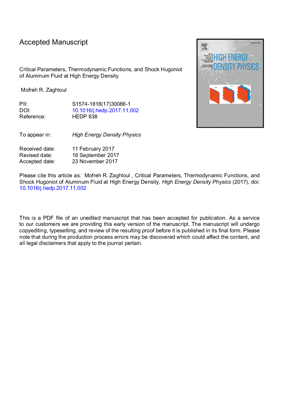عکس صفحه اول مقاله: Critical parameters, thermodynamic functions, and shock Hugoniot of aluminum fluid at high energy density Critical parameters, thermodynamic functions, and shock Hugoniot of aluminum fluid at high energy density