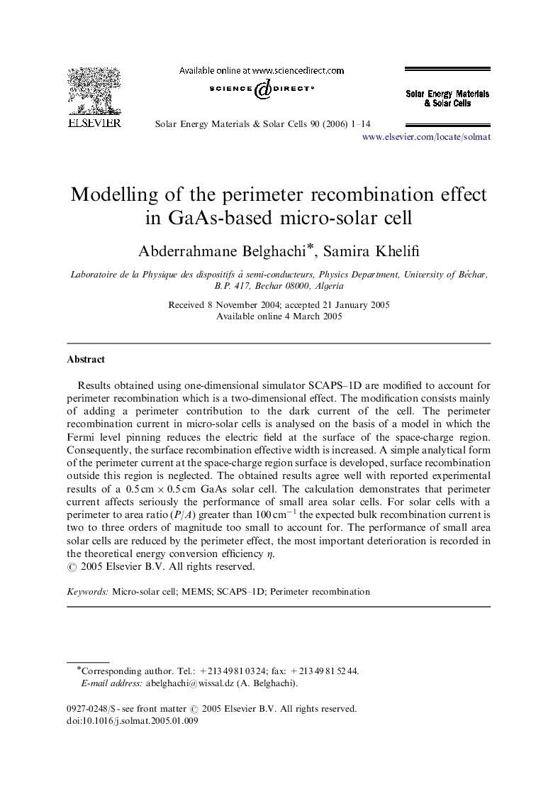 Modelling of the perimeter recombination effect in GaAs-based micro-solar cell