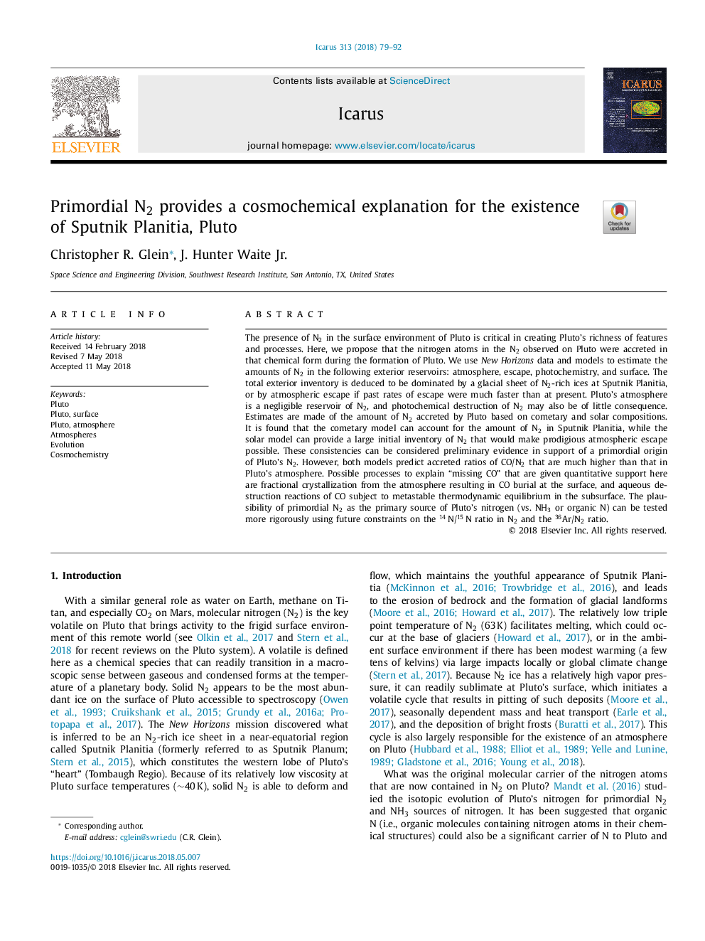 Primordial N2 provides a cosmochemical explanation for the existence of Sputnik Planitia, Pluto