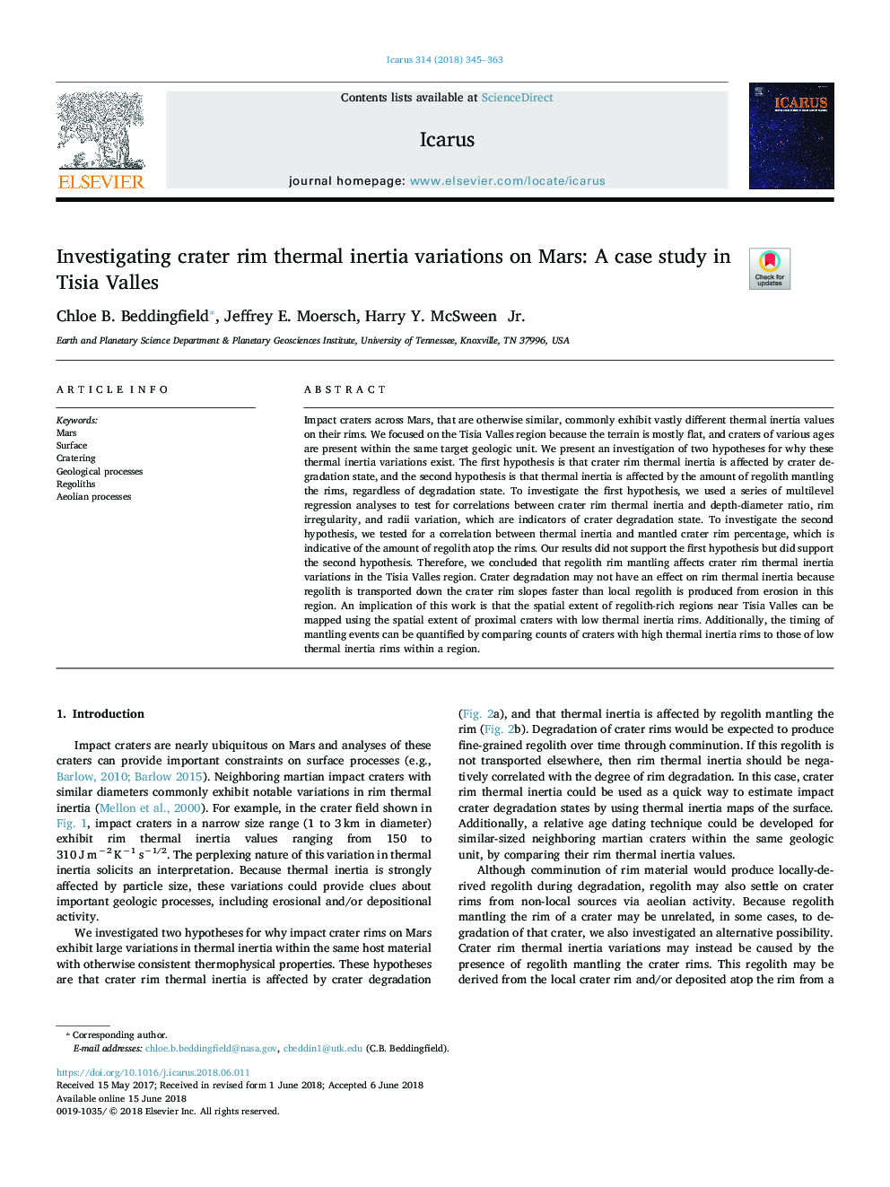 Investigating crater rim thermal inertia variations on Mars: A case study in Tisia Valles