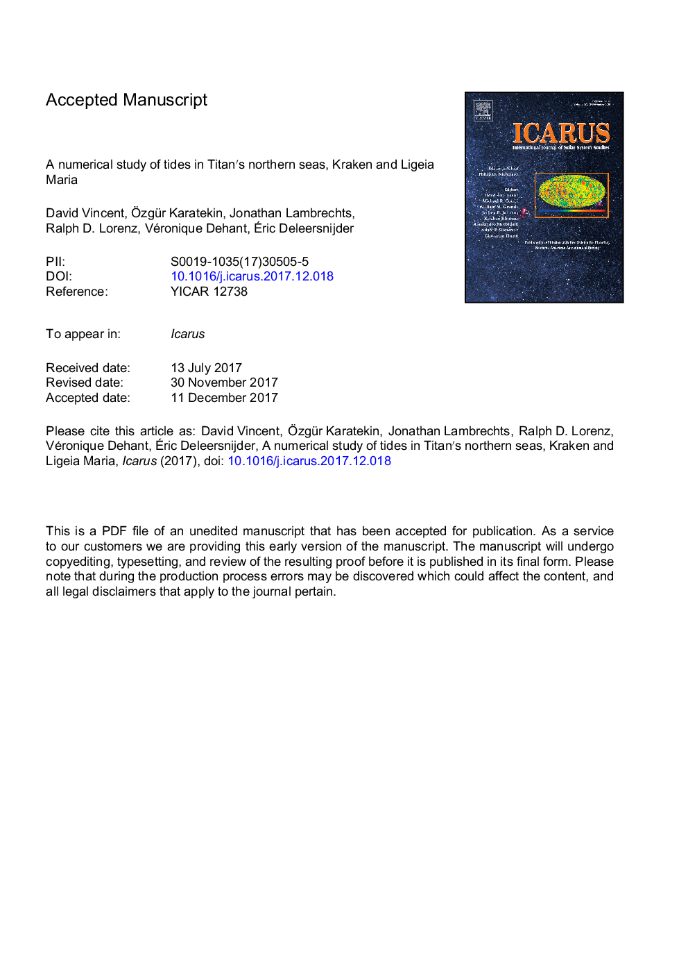 عکس صفحه اول مقاله: A numerical study of tides in Titanâ²s northern seas, Kraken and Ligeia Maria A numerical study of tides in Titanâ²s northern seas, Kraken and Ligeia Maria