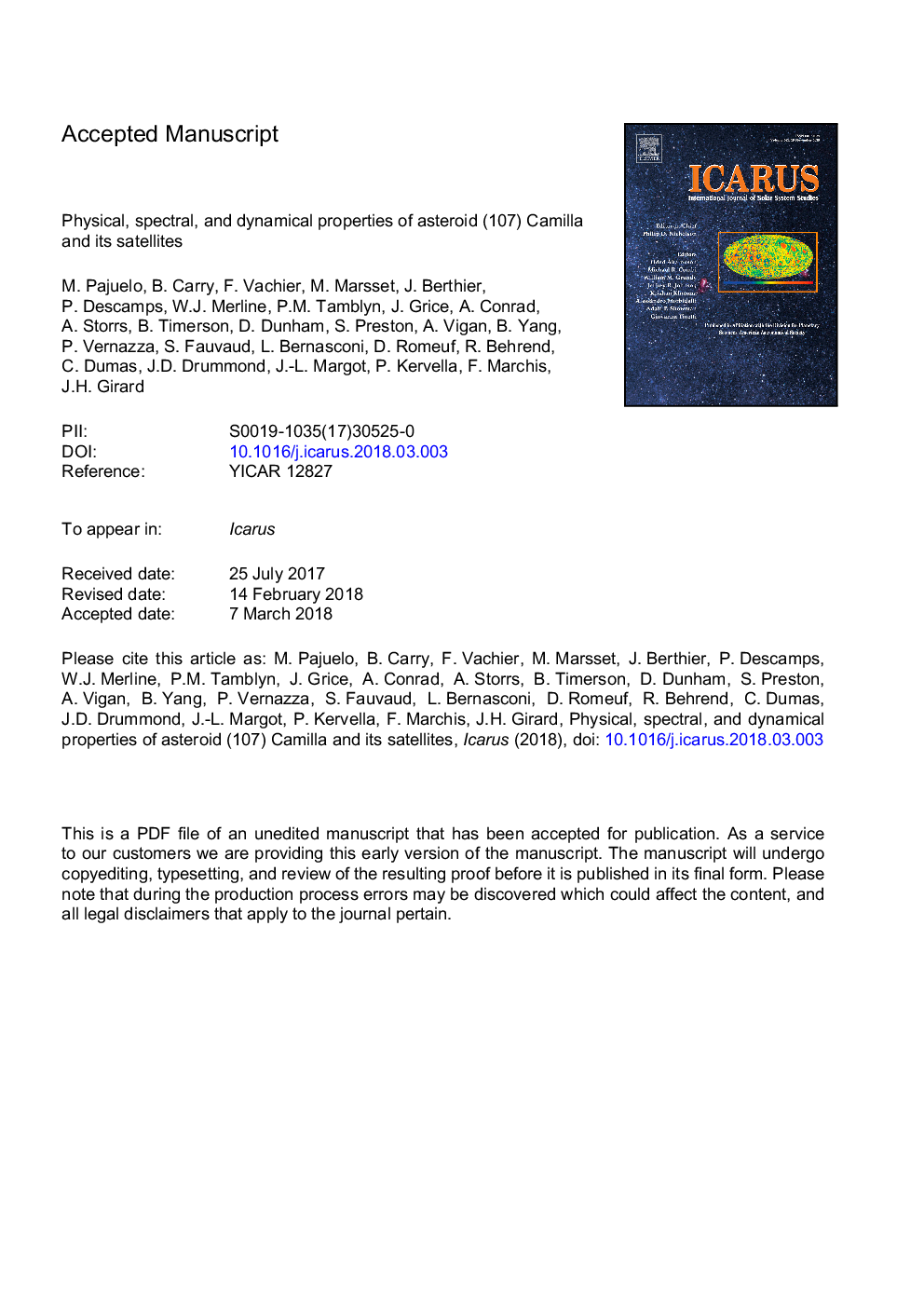 خواص فیزیکی، طیفی و دینامیکی سیارک (107) کامیلا و ماهواره های آن 