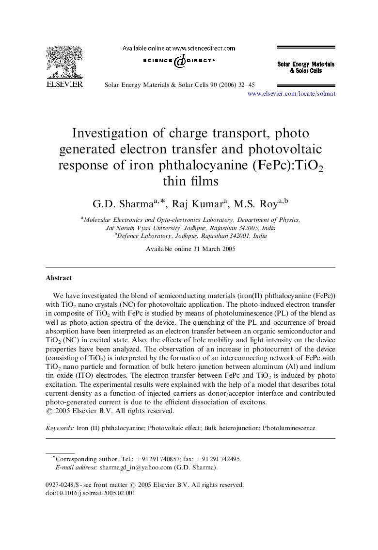 Investigation of charge transport, photo generated electron transfer and photovoltaic response of iron phthalocyanine (FePc):TiO2 thin films