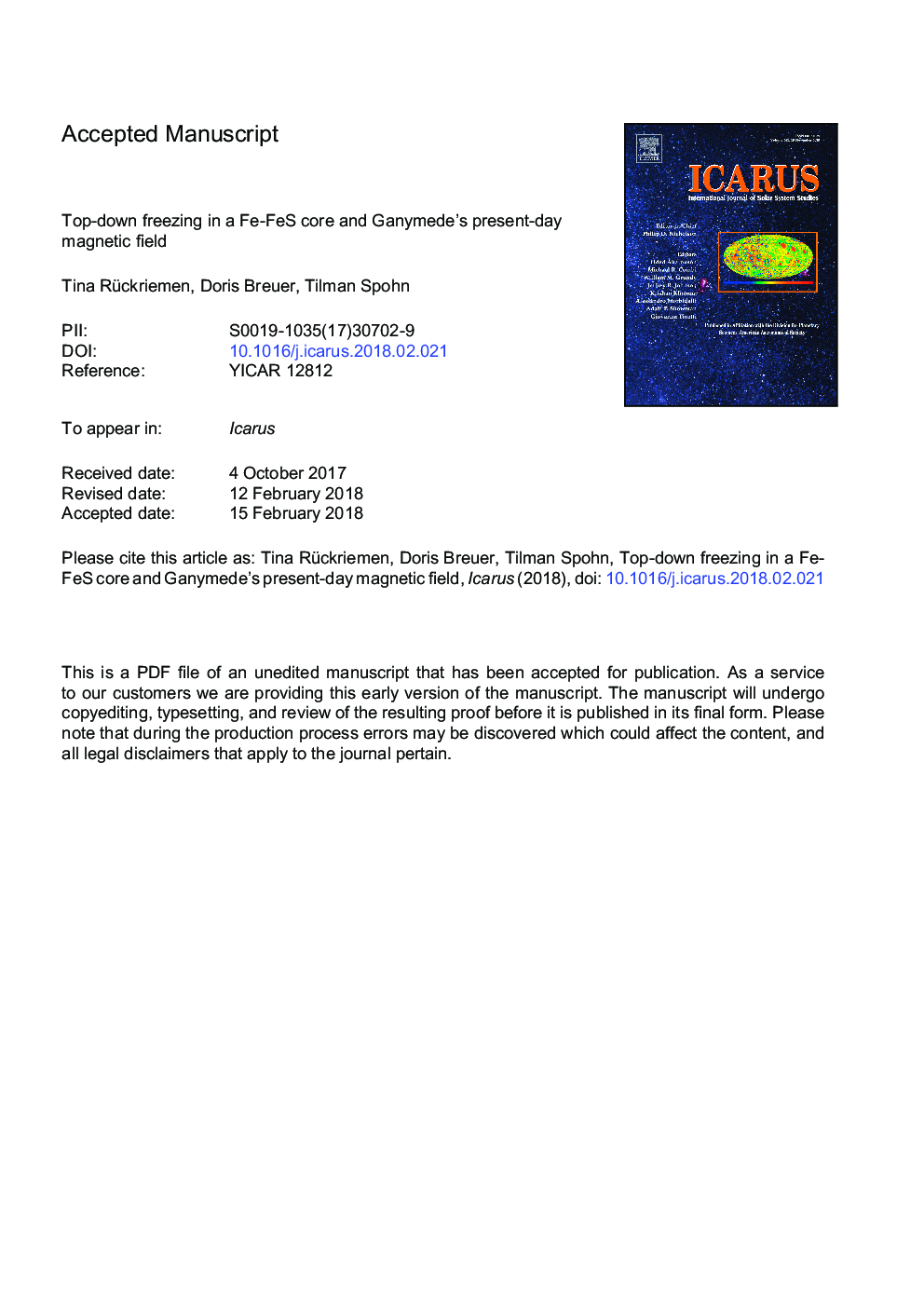 Top-down freezing in a Fe-FeS core and Ganymede's present-day magnetic field