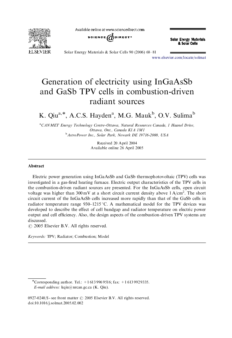 Generation of electricity using InGaAsSb and GaSb TPV cells in combustion-driven radiant sources