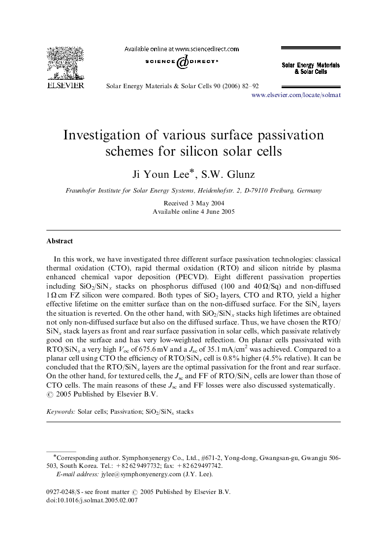 Investigation of various surface passivation schemes for silicon solar cells