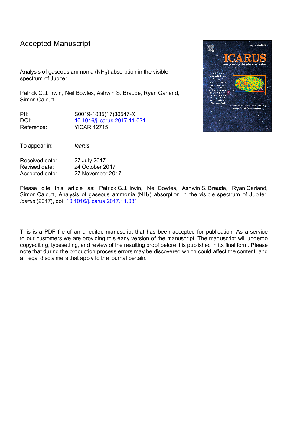 عکس صفحه اول مقاله: Analysis of gaseous ammonia (NH3) absorption in the visible spectrum of Jupiter Analysis of gaseous ammonia (NH3) absorption in the visible spectrum of Jupiter