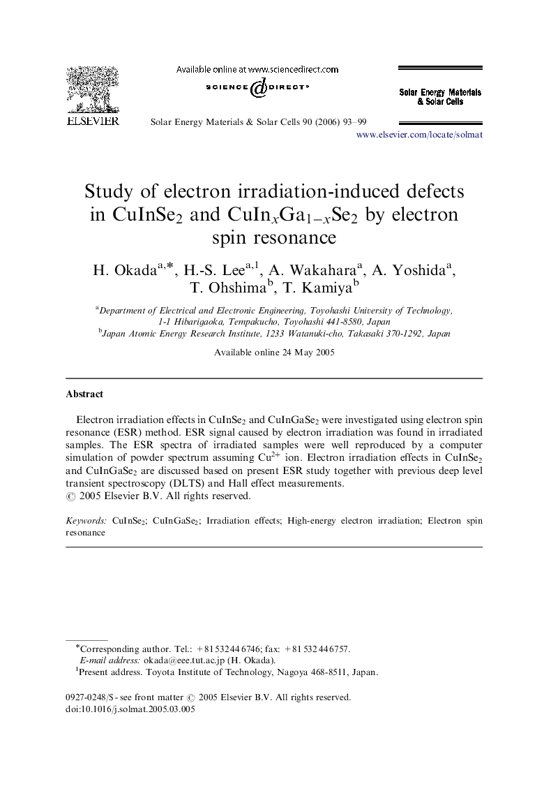 Study of electron irradiation-induced defects in CuInSe2CuInSe2 and CuInxGa1-xSe2CuInxGa1-xSe2 by electron spin resonance