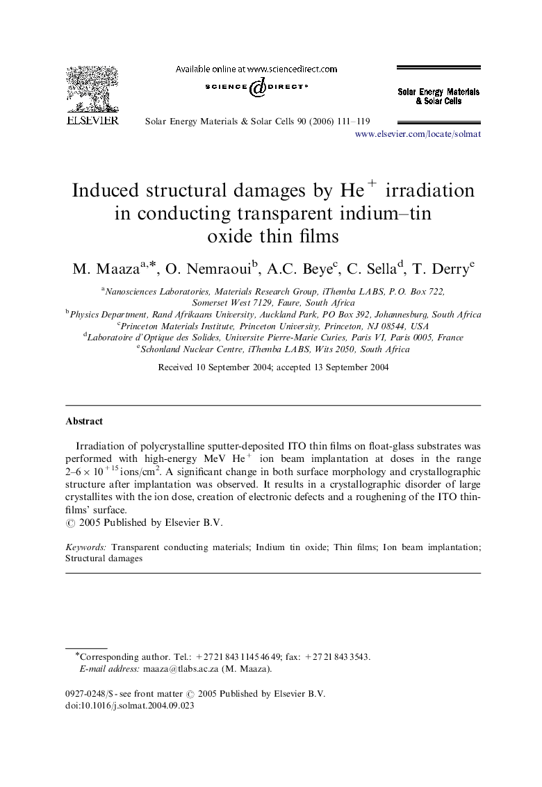 Induced structural damages by He+ irradiation in conducting transparent indium–tin oxide thin films