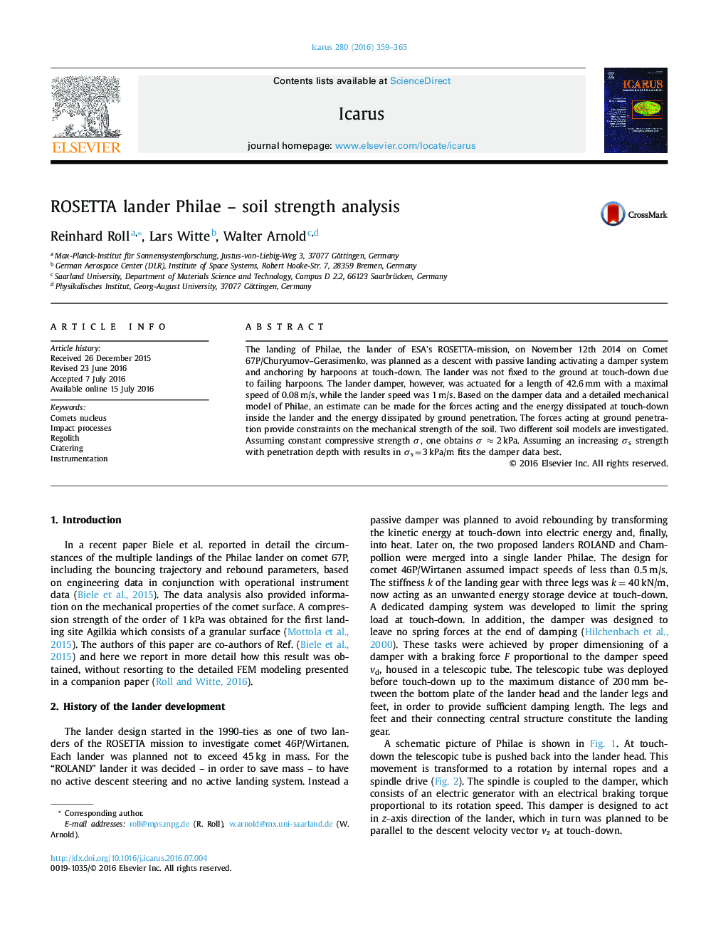 ROSETTA lander Philae - soil strength analysis