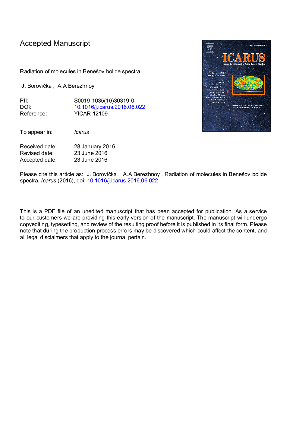 Radiation of molecules in BeneÅ¡ov bolide spectra