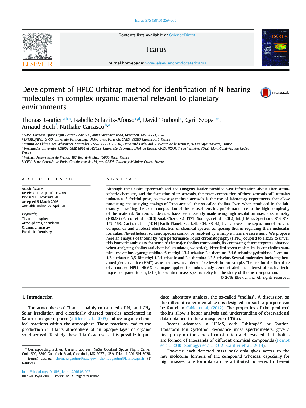 Development of HPLC-Orbitrap method for identification of N-bearing molecules in complex organic material relevant to planetary environments