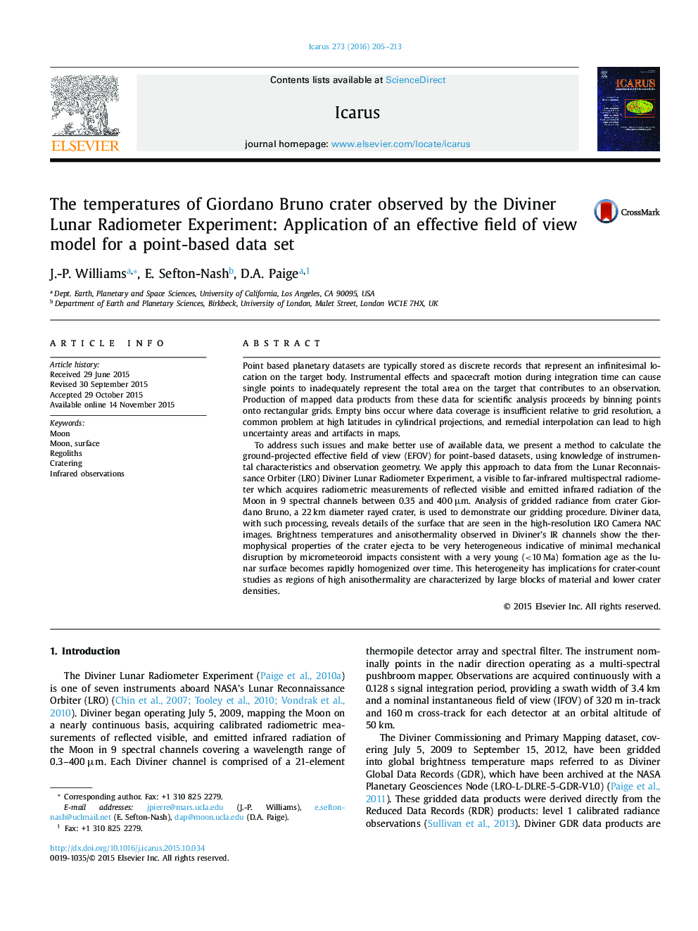 The temperatures of Giordano Bruno crater observed by the Diviner Lunar Radiometer Experiment: Application of an effective field of view model for a point-based data set