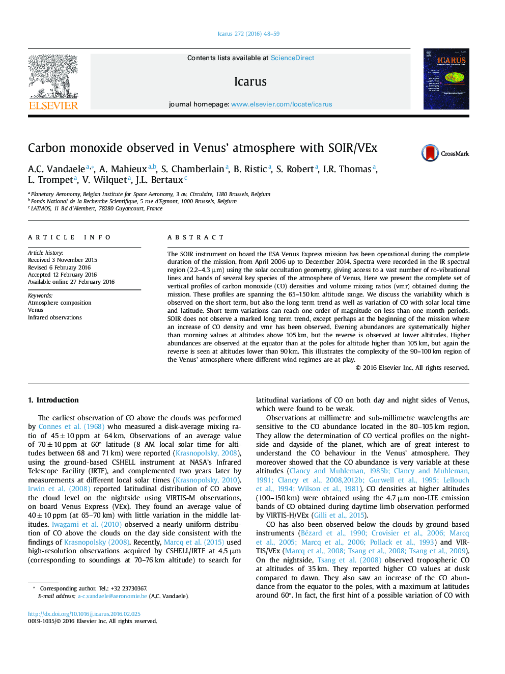 عکس صفحه اول مقاله: Carbon monoxide observed in Venus' atmosphere with SOIR/VEx Carbon monoxide observed in Venus' atmosphere with SOIR/VEx