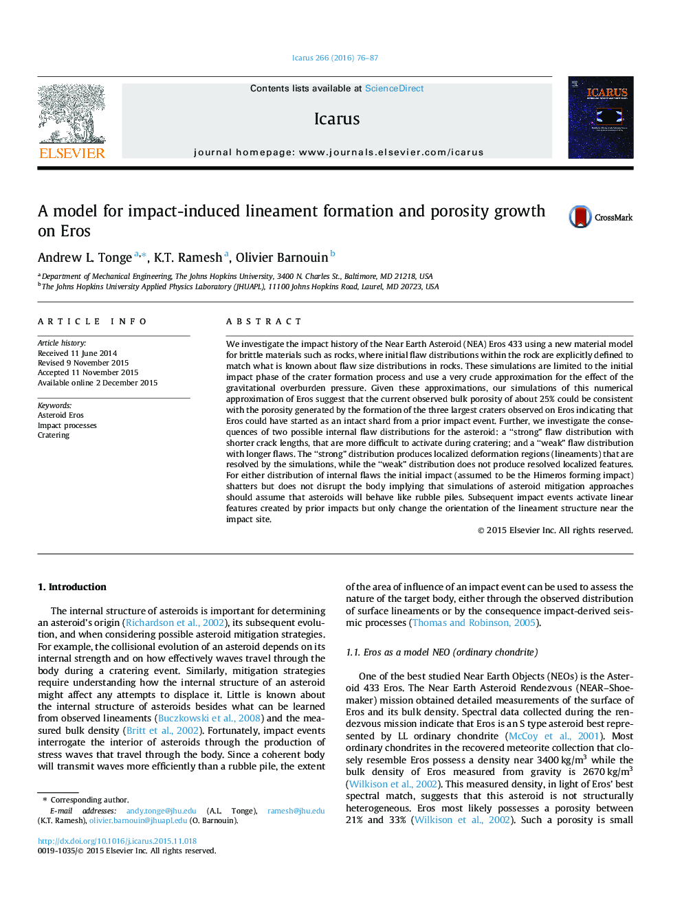 A model for impact-induced lineament formation and porosity growth on Eros