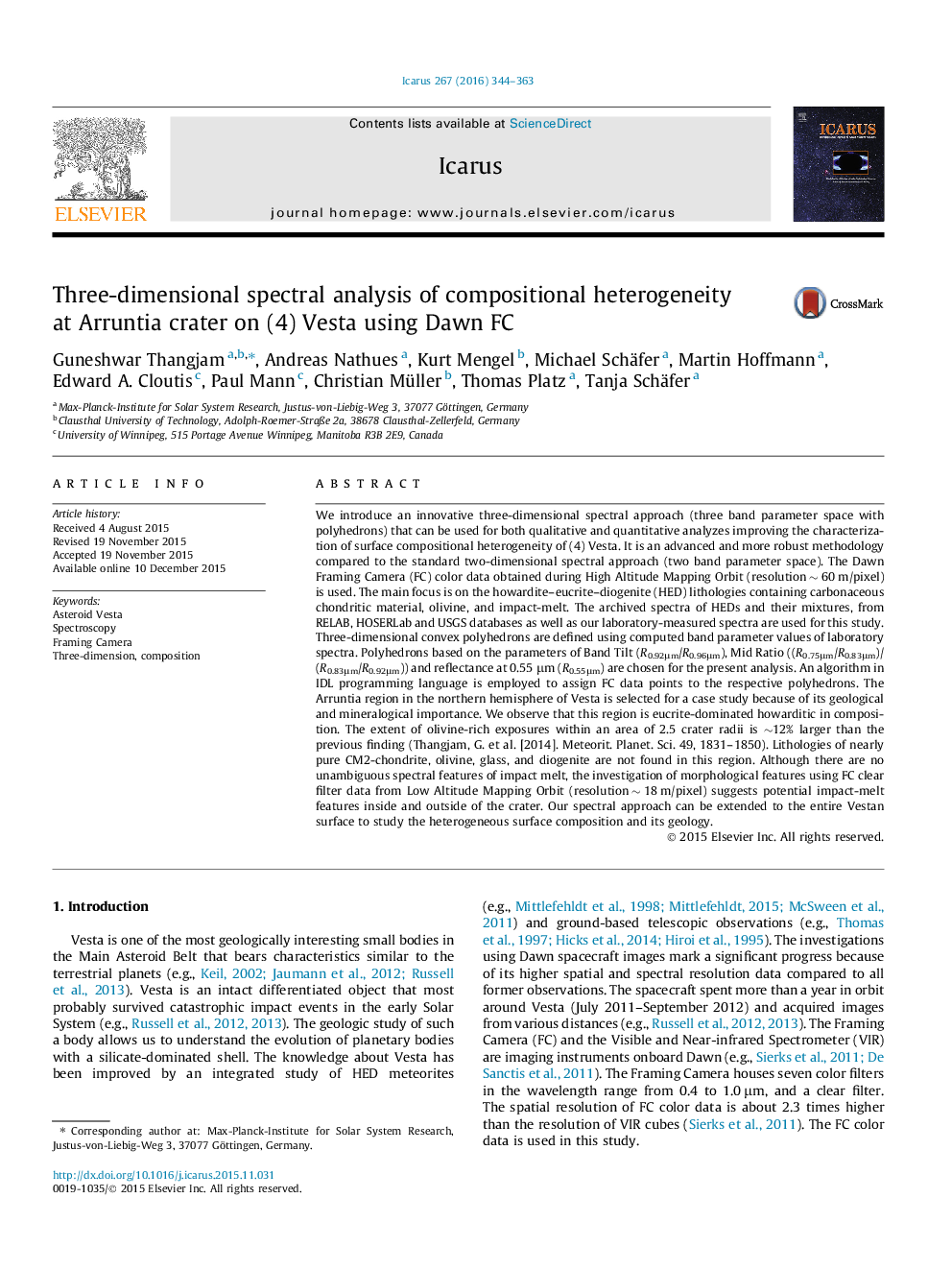 Three-dimensional spectral analysis of compositional heterogeneity at Arruntia crater on (4) Vesta using Dawn FC