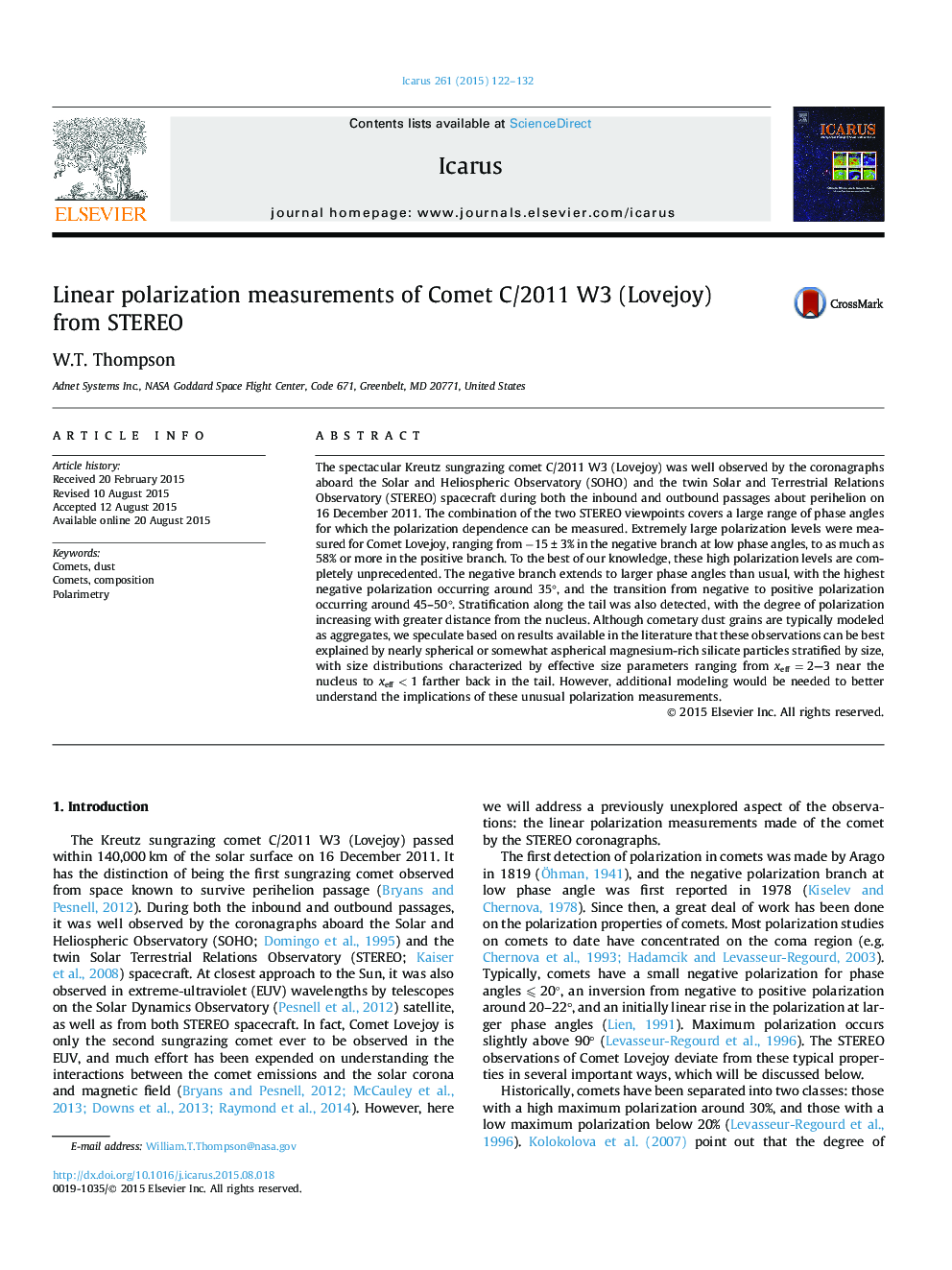 Linear polarization measurements of Comet C/2011 W3 (Lovejoy) from STEREO