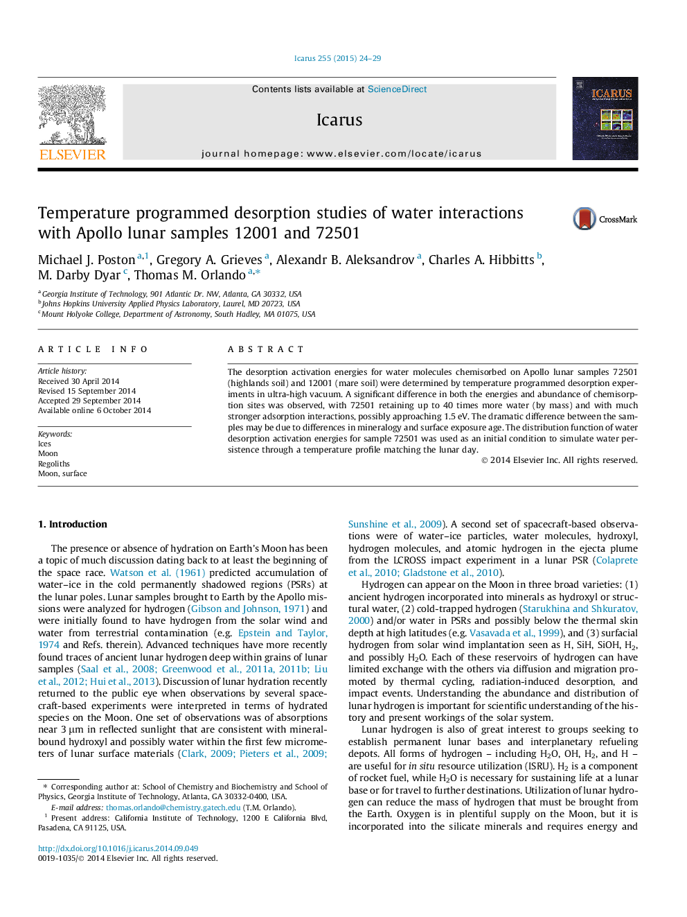 Temperature programmed desorption studies of water interactions with Apollo lunar samples 12001 and 72501