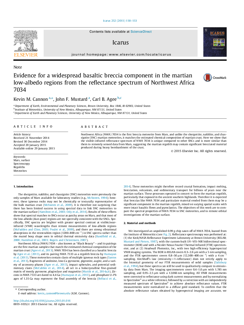 Evidence for a widespread basaltic breccia component in the martian low-albedo regions from the reflectance spectrum of Northwest Africa 7034