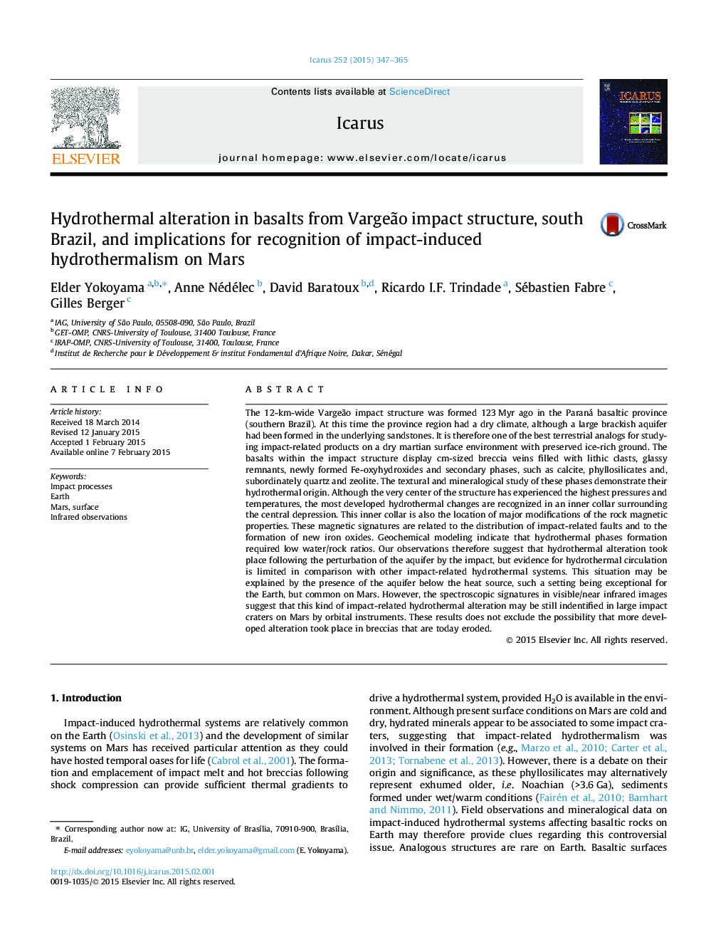 Hydrothermal alteration in basalts from VargeÃ£o impact structure, south Brazil, and implications for recognition of impact-induced hydrothermalism on Mars