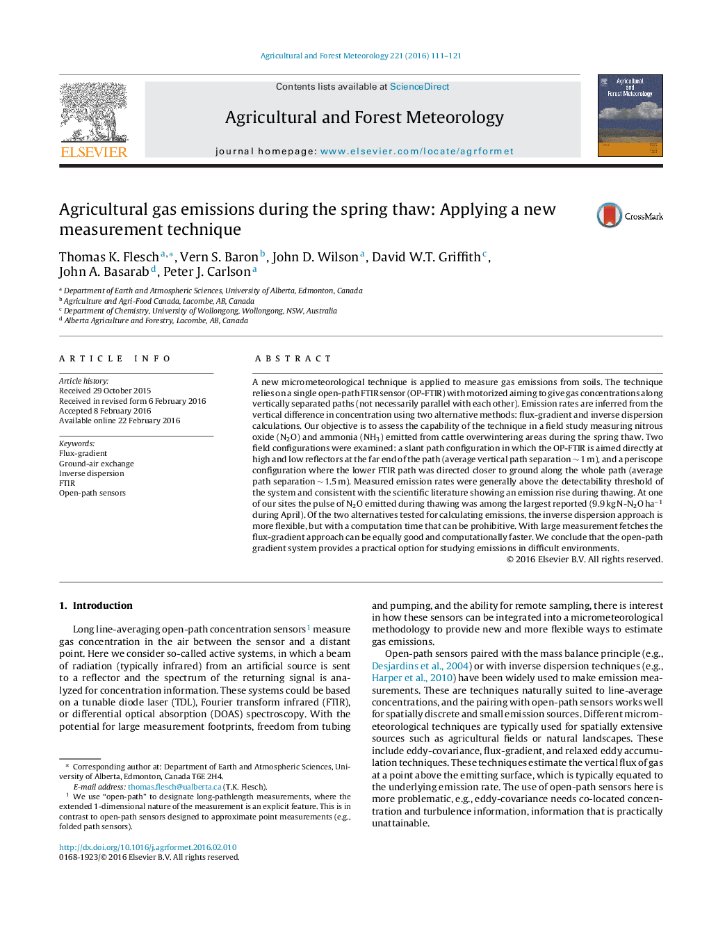 Agricultural gas emissions during the spring thaw: Applying a new measurement technique