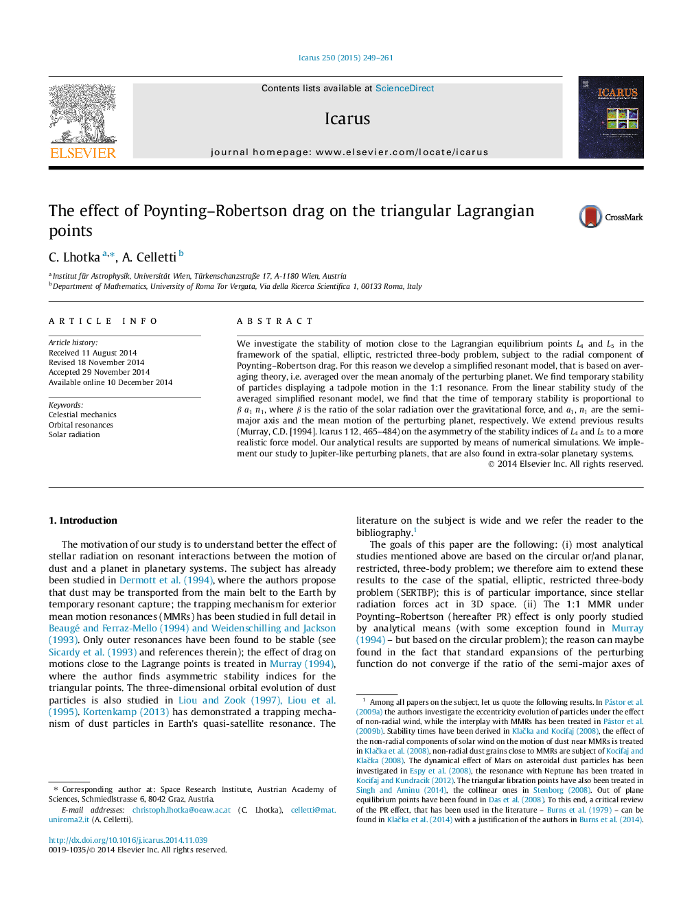 The effect of Poynting-Robertson drag on the triangular Lagrangian points